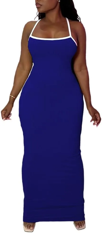 PINSV Women Summer Long Dress Casual Slip Sexy Slim Sleeveless Bodycon Maxi Dresses for Women