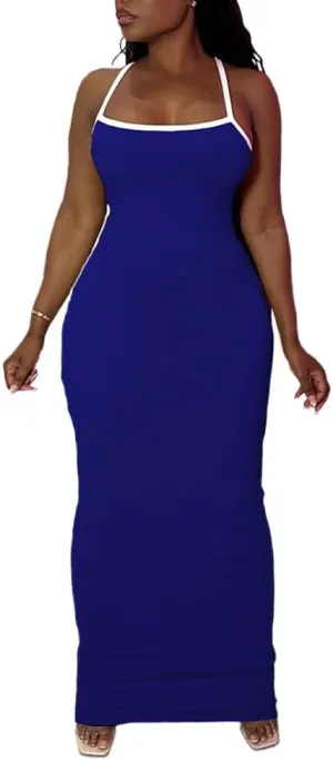 PINSV Women Summer Long Dress Casual Slip Sexy Slim Sleeveless Bodycon Maxi Dresses for Women