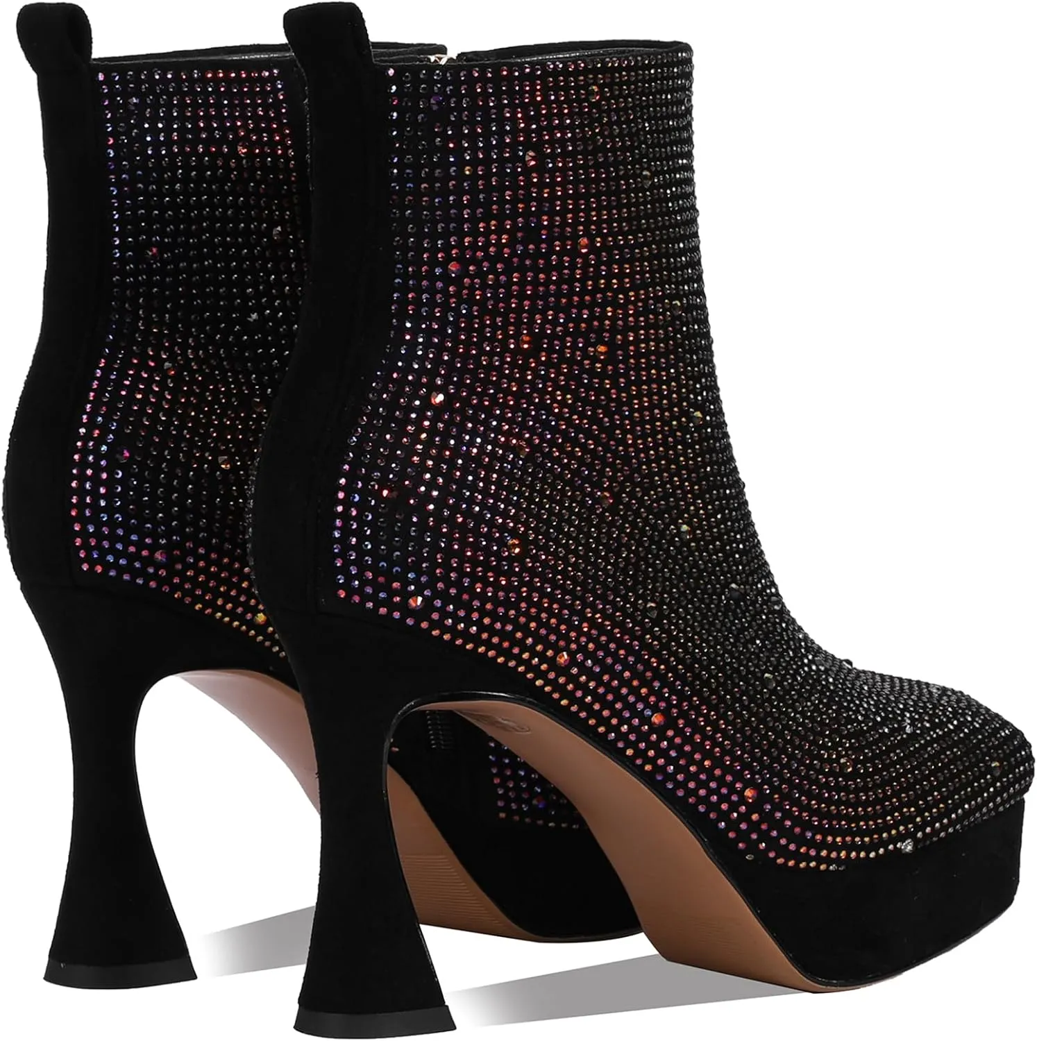 Platform Boots for Women Rhinestone Crystal Square Toe Winter Ankle Extra Wide Calf Booties Faux Suede Botas Para Mujer Dress Ladies Comfortable Elegantes 4 Inch High Heels