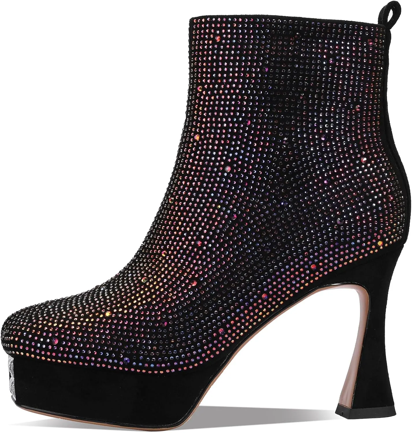 Platform Boots for Women Rhinestone Crystal Square Toe Winter Ankle Extra Wide Calf Booties Faux Suede Botas Para Mujer Dress Ladies Comfortable Elegantes 4 Inch High Heels