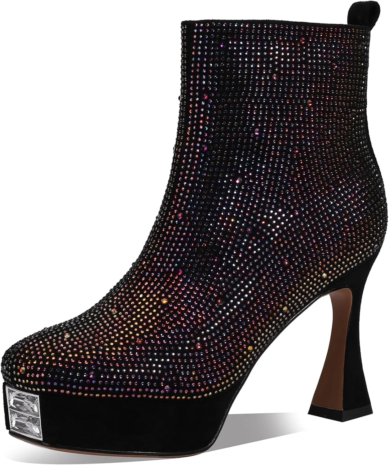 Platform Boots for Women Rhinestone Crystal Square Toe Winter Ankle Extra Wide Calf Booties Faux Suede Botas Para Mujer Dress Ladies Comfortable Elegantes 4 Inch High Heels
