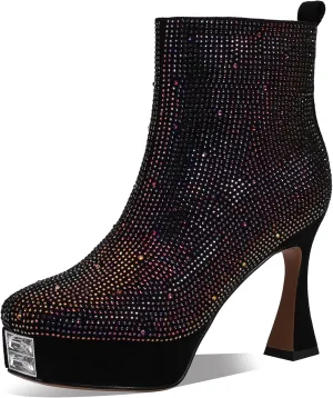 Platform Boots for Women Rhinestone Crystal Square Toe Winter Ankle Extra Wide Calf Booties Faux Suede Botas Para Mujer Dress Ladies Comfortable Elegantes 4 Inch High Heels