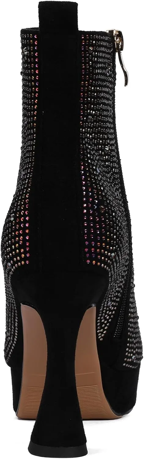 Platform Boots for Women Rhinestone Crystal Square Toe Winter Ankle Extra Wide Calf Booties Faux Suede Botas Para Mujer Dress Ladies Comfortable Elegantes 4 Inch High Heels