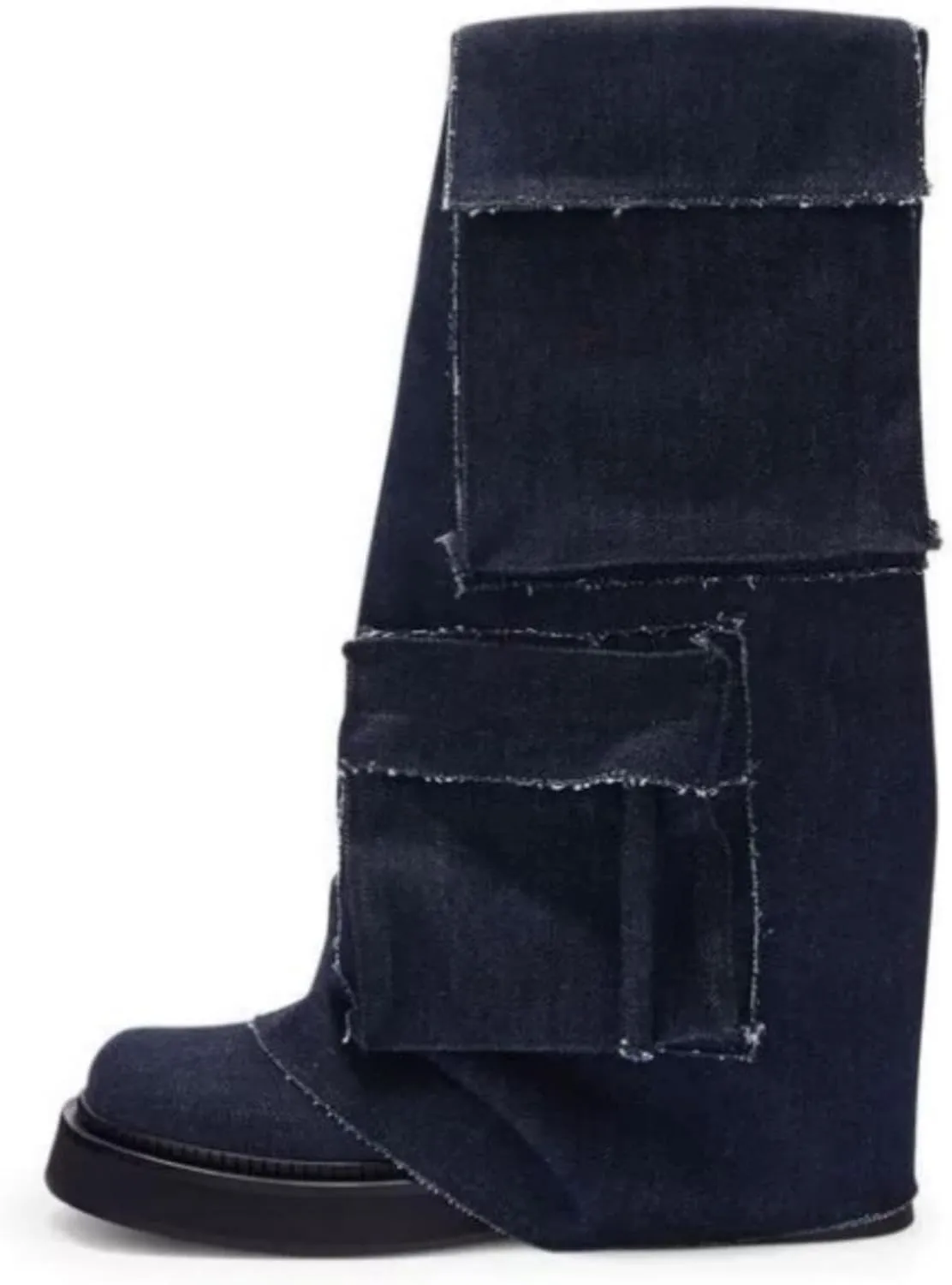 Platform Mid-Low Heel Calf Boots for Women - Round Toe Cowgirl Pull-On Chunky Booties for Wide Calf