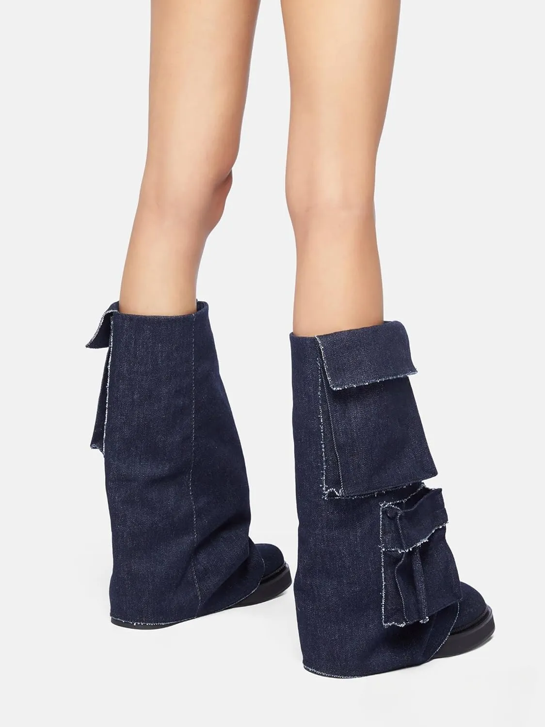 Platform Mid-Low Heel Calf Boots for Women - Round Toe Cowgirl Pull-On Chunky Booties for Wide Calf
