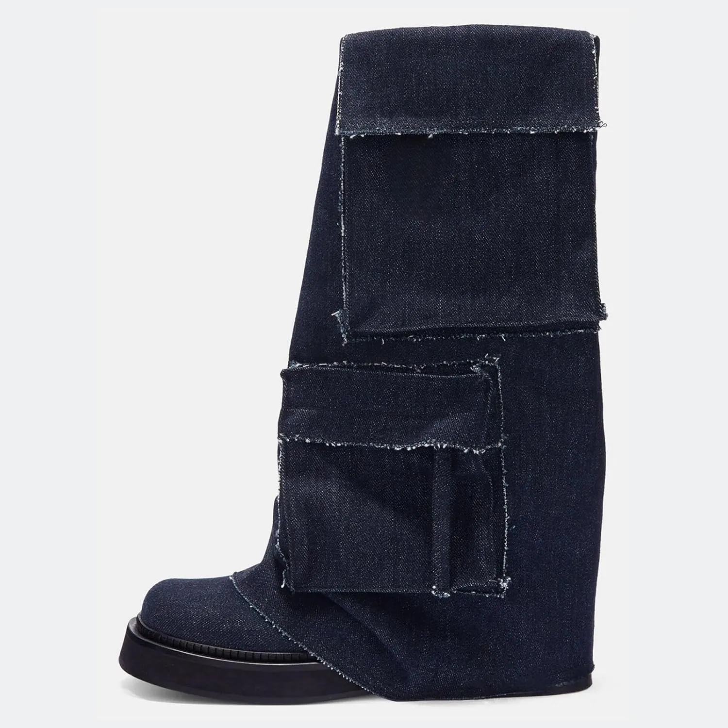 Platform Mid-Low Heel Calf Boots for Women - Round Toe Cowgirl Pull-On Chunky Booties for Wide Calf