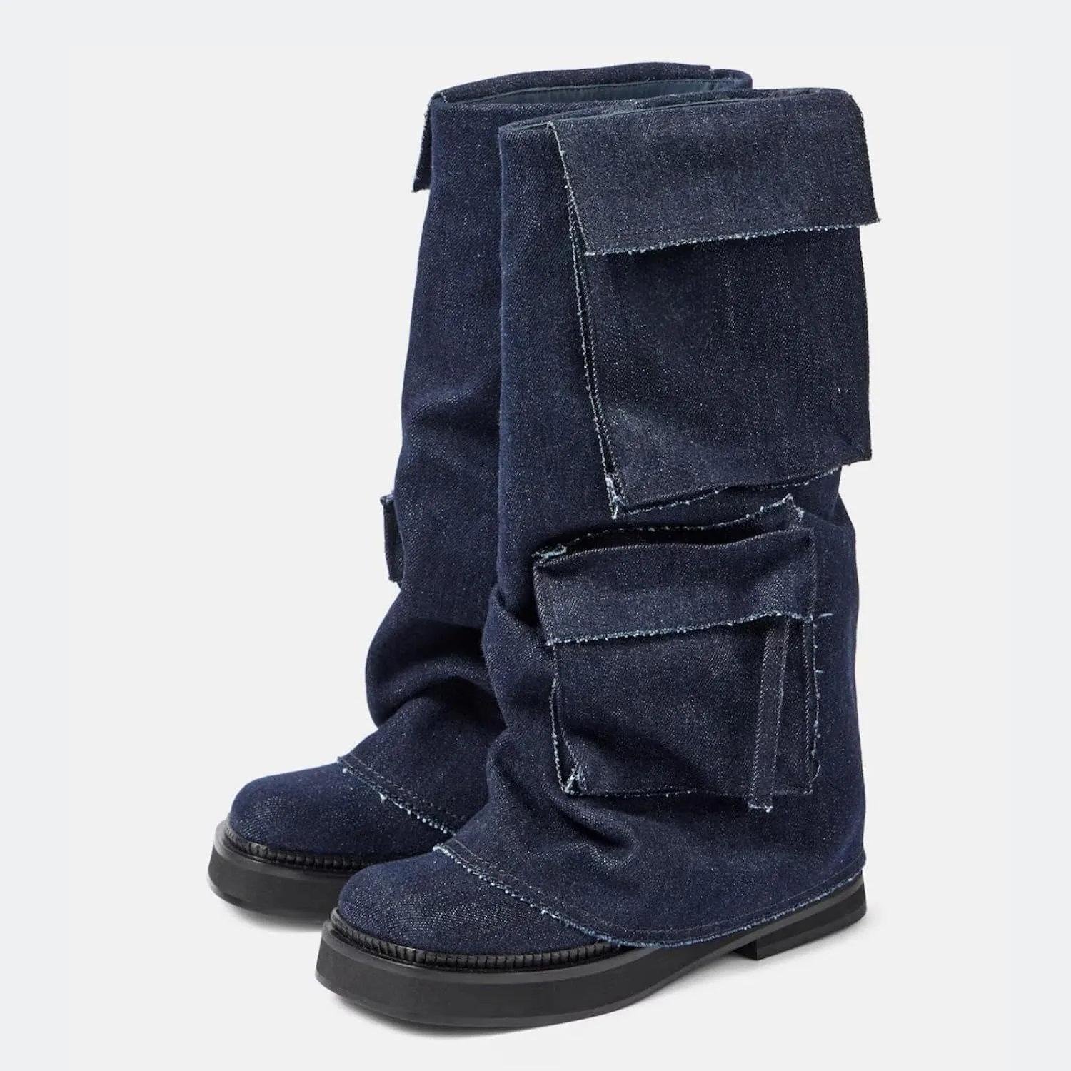 Platform Mid-Low Heel Calf Boots for Women - Round Toe Cowgirl Pull-On Chunky Booties for Wide Calf