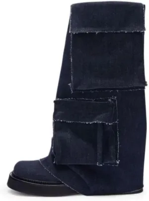 Platform Mid-Low Heel Calf Boots for Women - Round Toe Cowgirl Pull-On Chunky Booties for Wide Calf