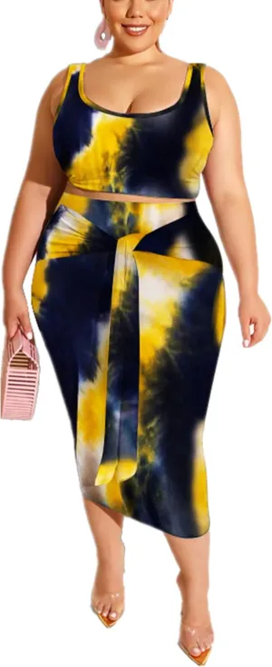 Plus Size Women 2 Piece Outfits Sets Sexy Tracksuit Midi Dress,Sleeveless Tank Top Bodycon Skirts Set Casual Summer