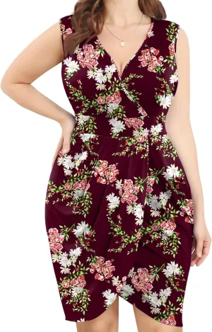 POSESHE Womens Plus Size Dress Summer Sleeveless V Neck Wedding Guest Formal Cocktail Date Bodycon Wrap Dress with Front Slit