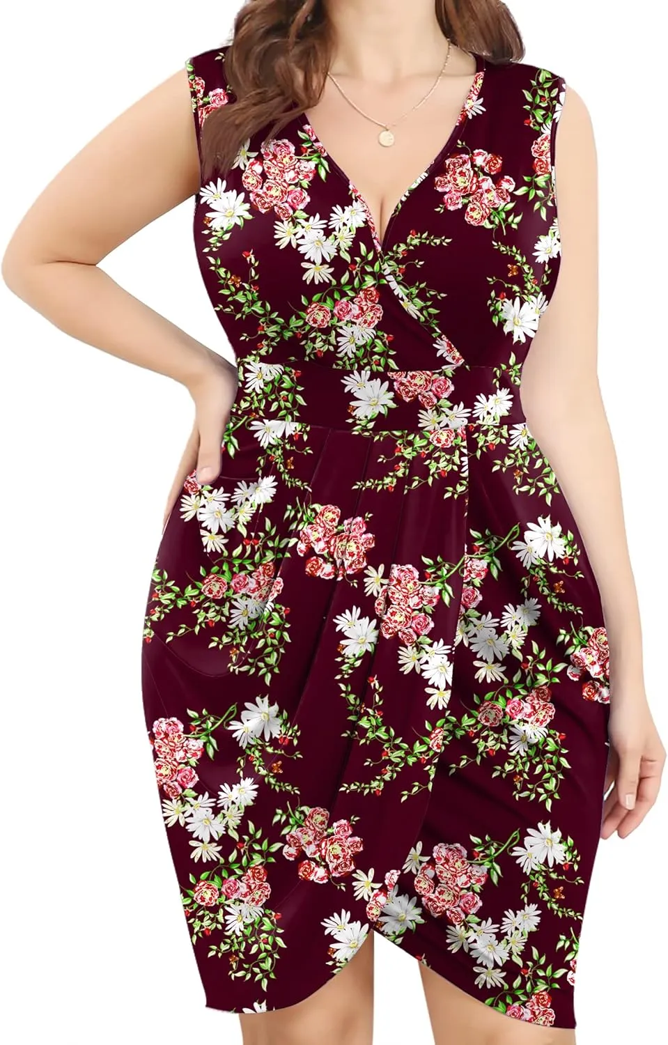 POSESHE Womens Plus Size Dress Summer Sleeveless V Neck Wedding Guest Formal Cocktail Date Bodycon Wrap Dress with Front Slit