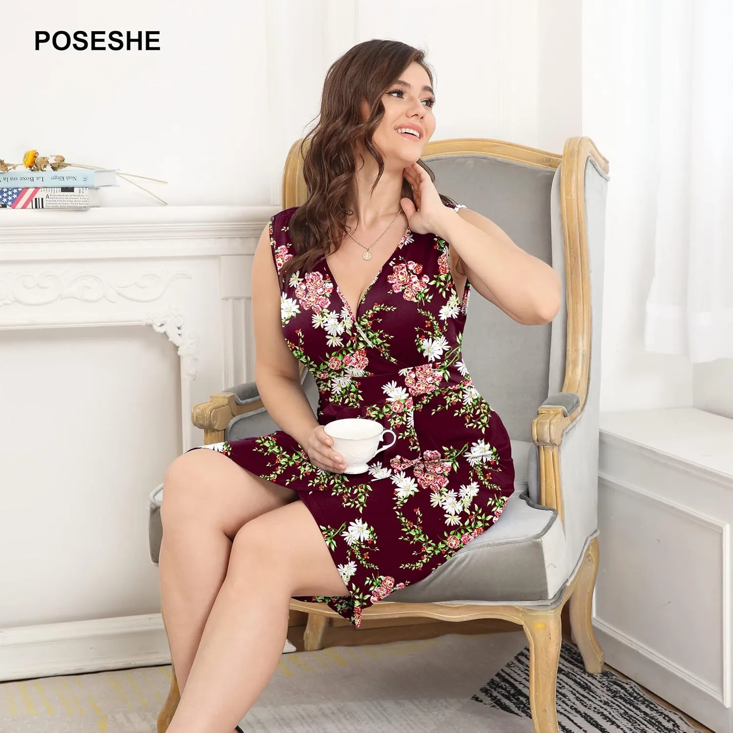 POSESHE Womens Plus Size Dress Summer Sleeveless V Neck Wedding Guest Formal Cocktail Date Bodycon Wrap Dress with Front Slit