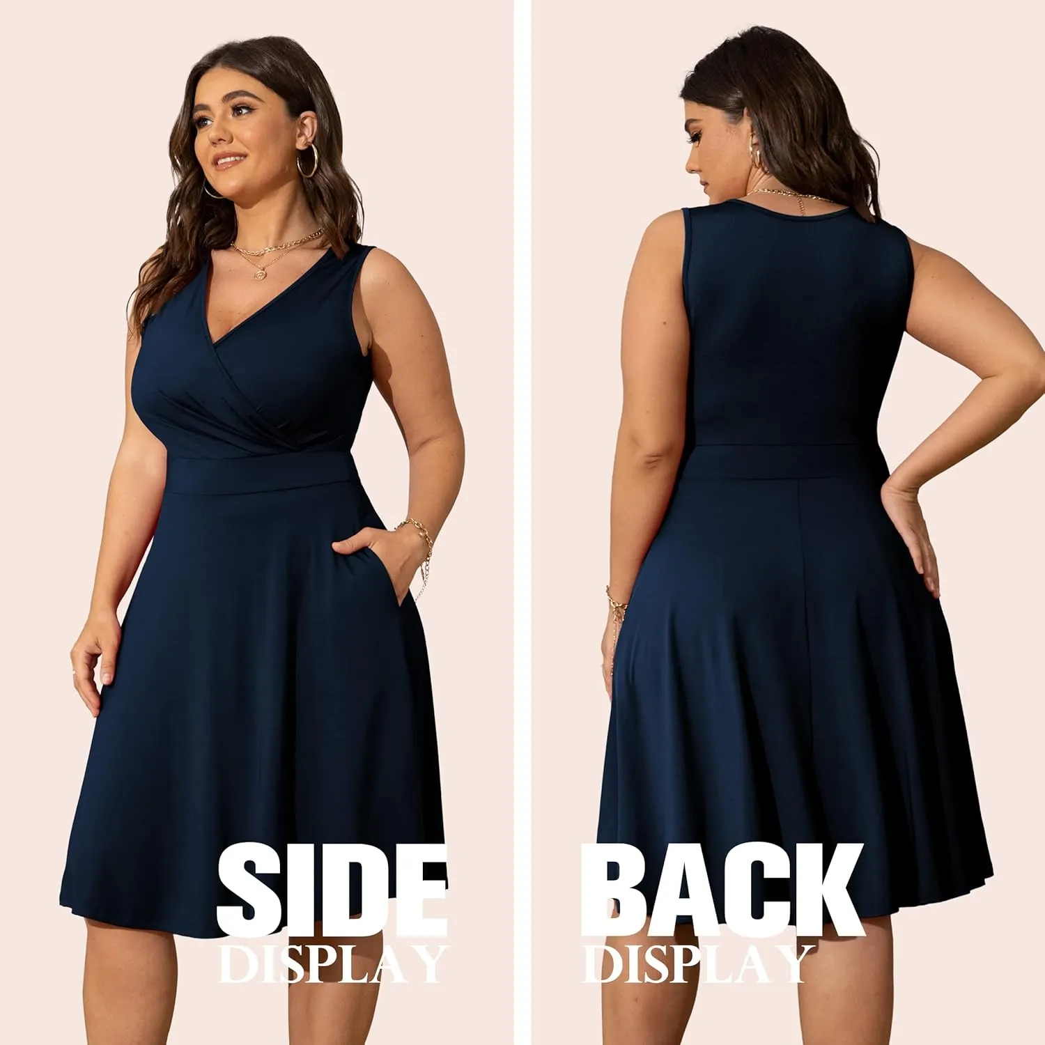 POSESHE Womens Plus Size Dresses Sleeveless Wrap V-Neck Sundress Casual Summer Wedding Guest Cocktail Dress with Pockets