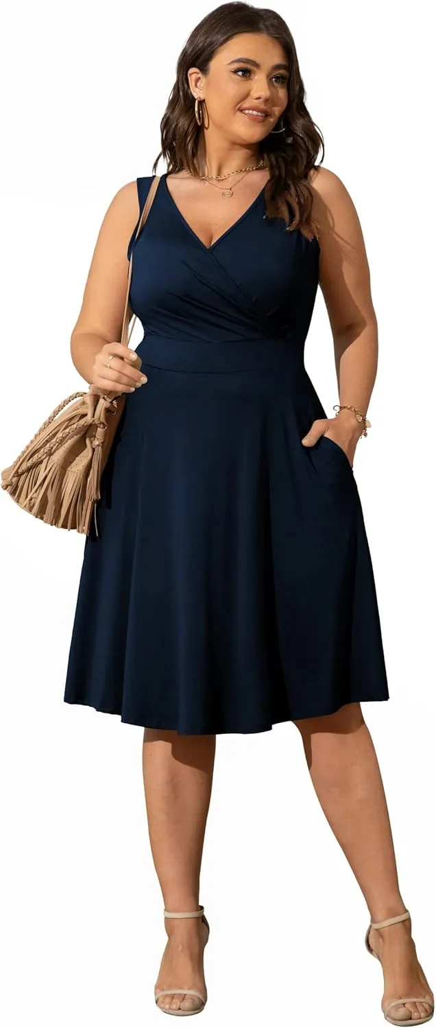 POSESHE Womens Plus Size Dresses Sleeveless Wrap V-Neck Sundress Casual Summer Wedding Guest Cocktail Dress with Pockets