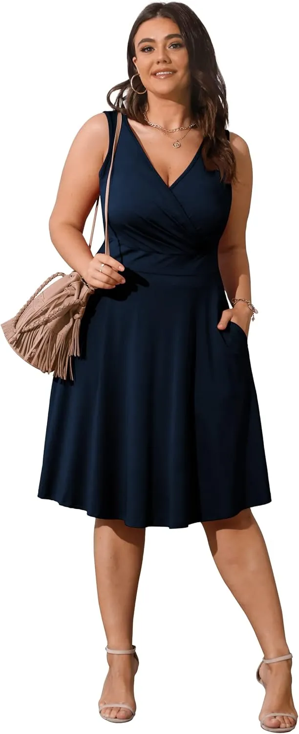 POSESHE Womens Plus Size Dresses Sleeveless Wrap V-Neck Sundress Casual Summer Wedding Guest Cocktail Dress with Pockets