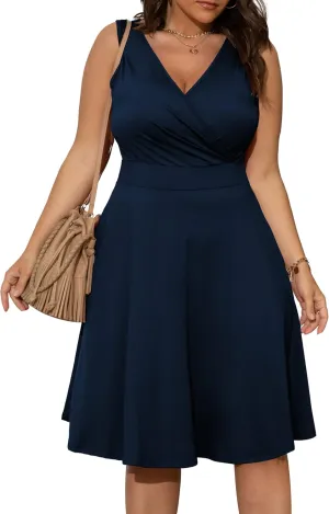 POSESHE Womens Plus Size Dresses Sleeveless Wrap V-Neck Sundress Casual Summer Wedding Guest Cocktail Dress with Pockets
