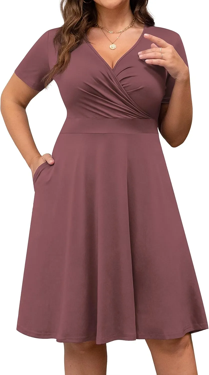 POSESHE Womens Plus Size Dresses Summer Short Sleeve Wrap V-Neck Sundress Casual Wedding Guest Cocktail Dress with Pockets
