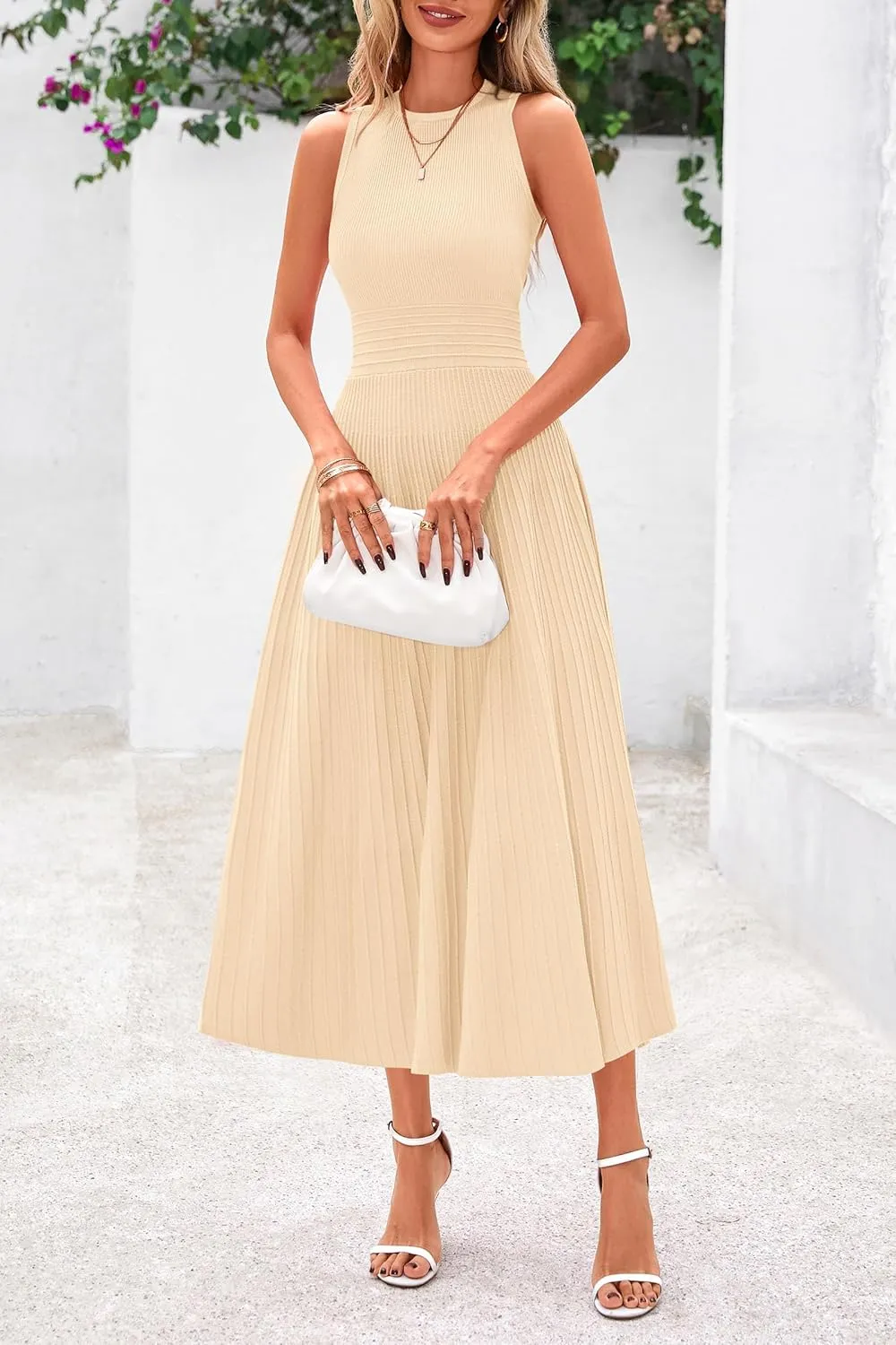 PRETTYGARDEN Spring Casual Dresses for Women 2025 Summer Business Work Midi Sleeveless A Line Pleated Cocktail Dress