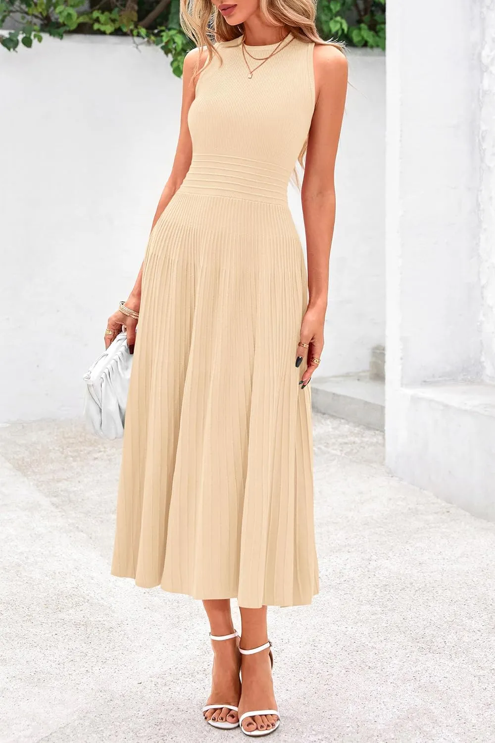 PRETTYGARDEN Spring Casual Dresses for Women 2025 Summer Business Work Midi Sleeveless A Line Pleated Cocktail Dress