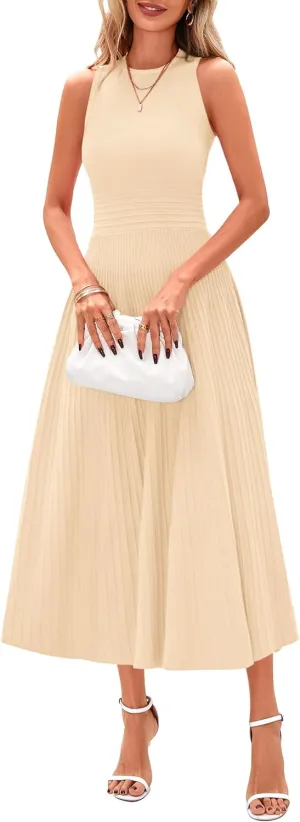 PRETTYGARDEN Spring Casual Dresses for Women 2025 Summer Business Work Midi Sleeveless A Line Pleated Cocktail Dress