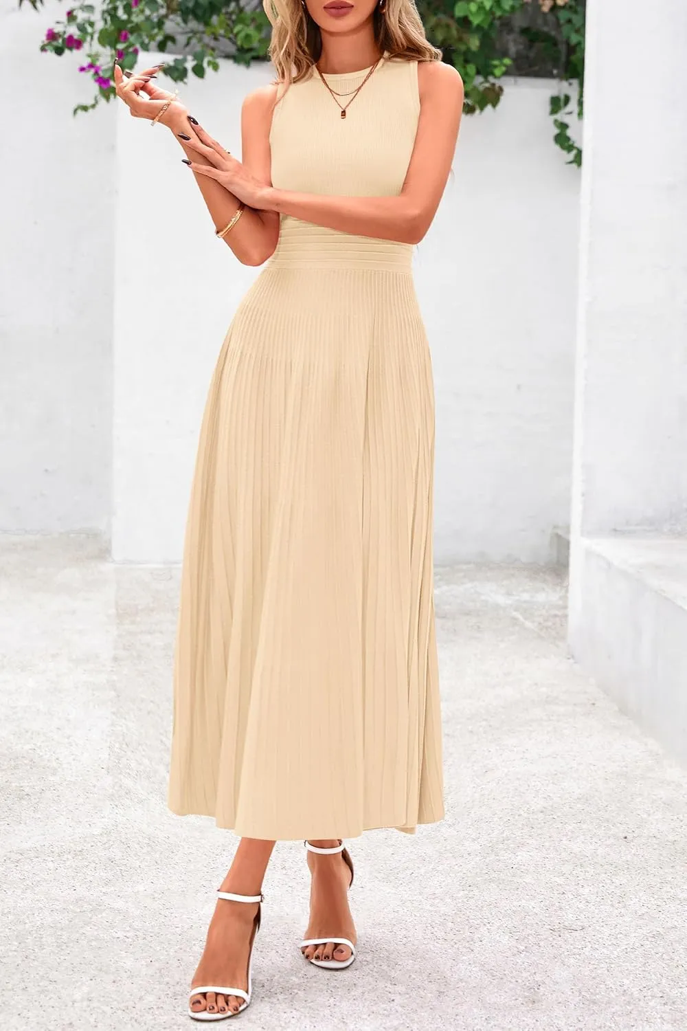 PRETTYGARDEN Spring Casual Dresses for Women 2025 Summer Business Work Midi Sleeveless A Line Pleated Cocktail Dress