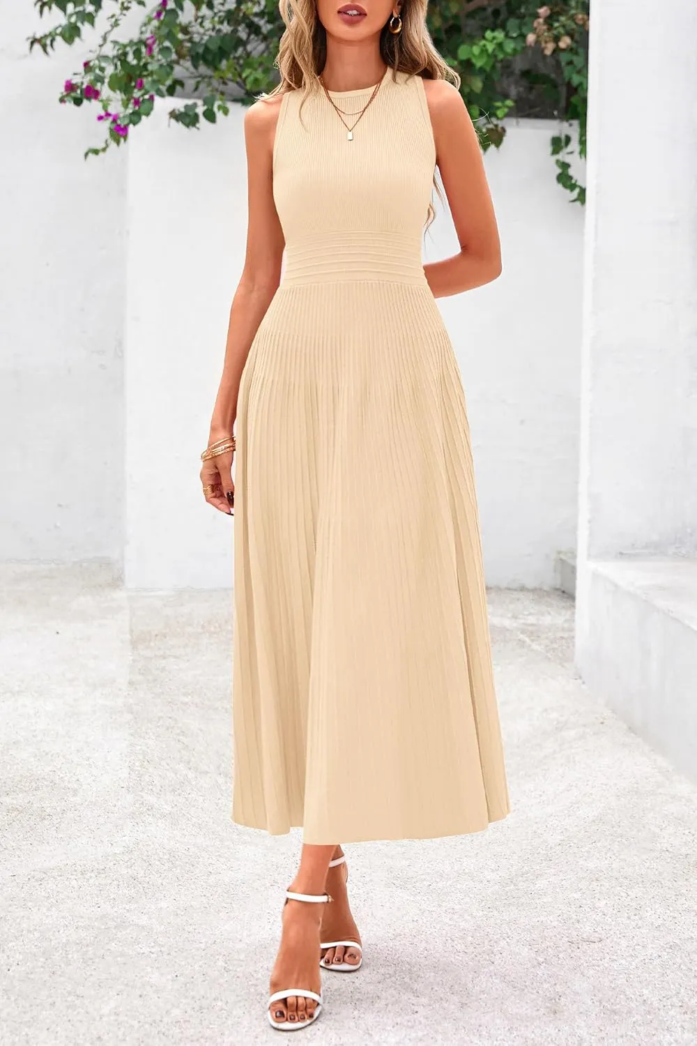 PRETTYGARDEN Spring Casual Dresses for Women 2025 Summer Business Work Midi Sleeveless A Line Pleated Cocktail Dress