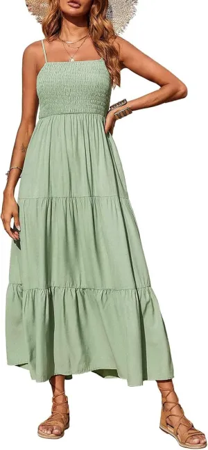 PRETTYGARDEN Women's Summer Maxi Dress 2025 Casual Boho Sleeveless Spaghetti Strap Smocked Tiered Long Beach Sundresses