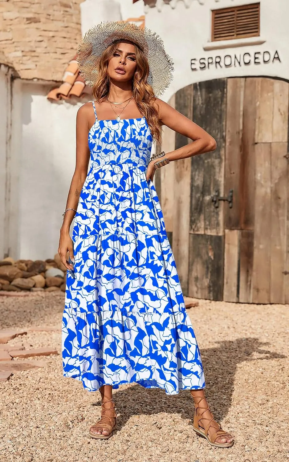 PRETTYGARDEN Women's Summer Maxi Dress 2025 Casual Boho Sleeveless Spaghetti Strap Smocked Tiered Long Beach Sundresses