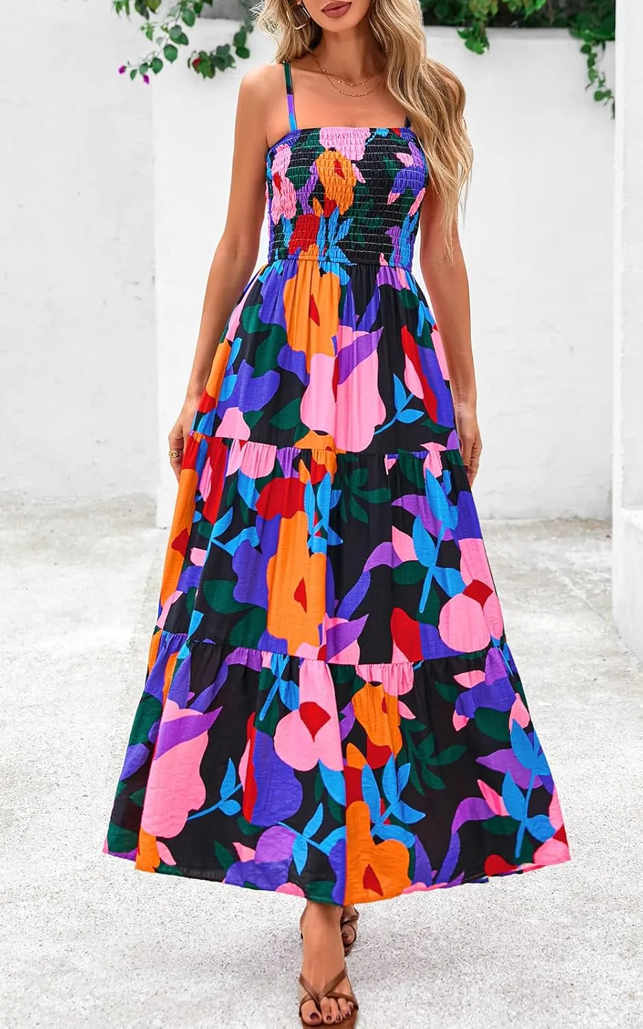PRETTYGARDEN Women's Summer Maxi Dress 2025 Casual Boho Sleeveless Spaghetti Strap Smocked Tiered Long Beach Sundresses