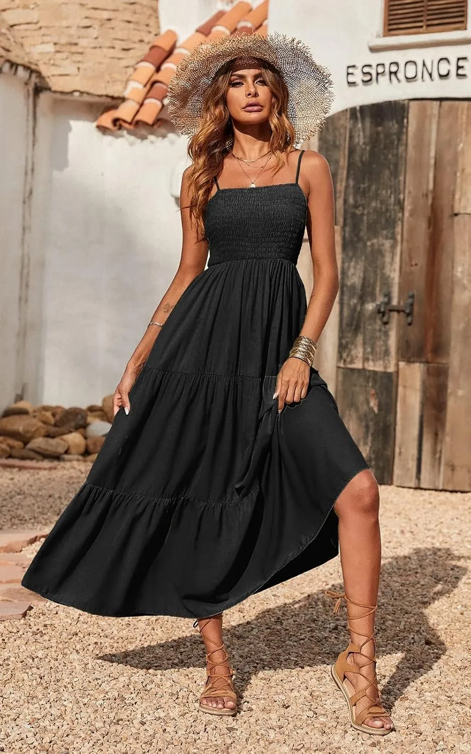 PRETTYGARDEN Women's Summer Maxi Dress 2025 Casual Boho Sleeveless Spaghetti Strap Smocked Tiered Long Beach Sundresses