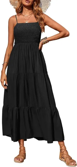 PRETTYGARDEN Women's Summer Maxi Dress 2025 Casual Boho Sleeveless Spaghetti Strap Smocked Tiered Long Beach Sundresses
