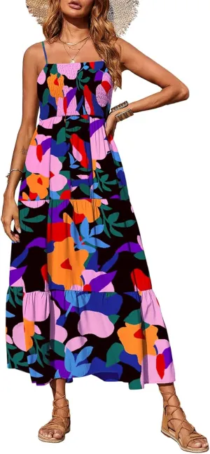 PRETTYGARDEN Women's Summer Maxi Dress 2025 Casual Boho Sleeveless Spaghetti Strap Smocked Tiered Long Beach Sundresses