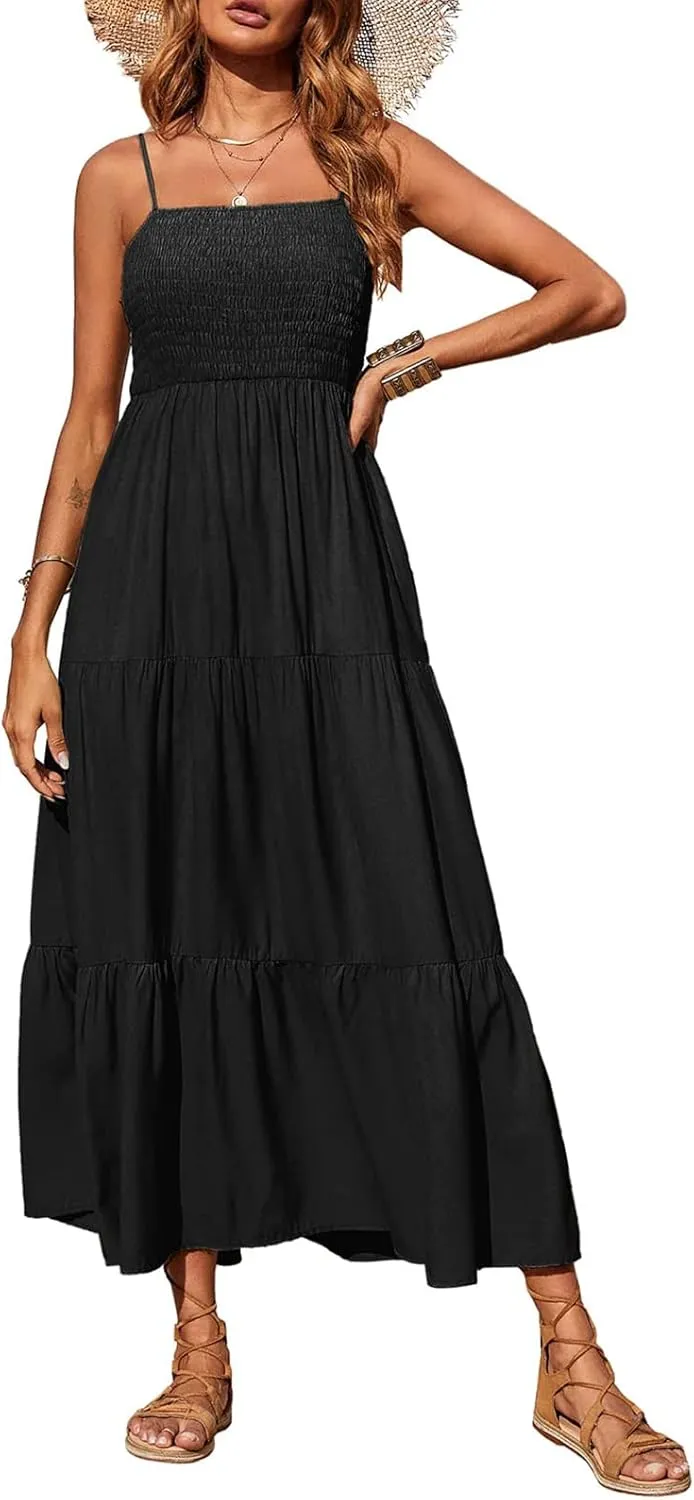 PRETTYGARDEN Women's Summer Maxi Dress 2025 Casual Boho Sleeveless Spaghetti Strap Smocked Tiered Long Beach Sundresses
