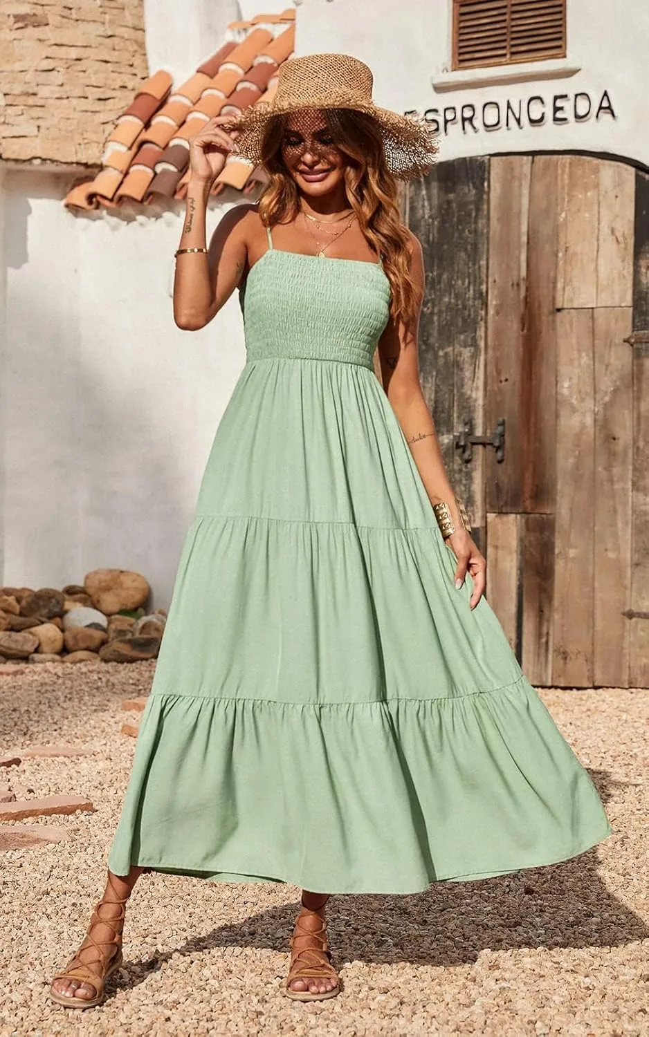PRETTYGARDEN Women's Summer Maxi Dress 2025 Casual Boho Sleeveless Spaghetti Strap Smocked Tiered Long Beach Sundresses