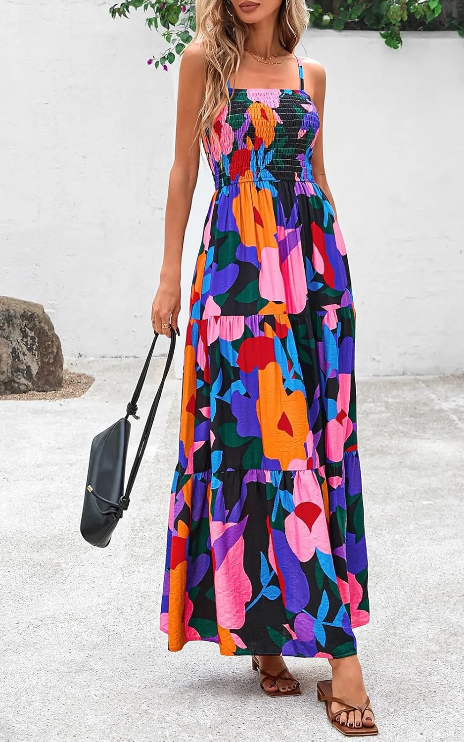 PRETTYGARDEN Women's Summer Maxi Dress 2025 Casual Boho Sleeveless Spaghetti Strap Smocked Tiered Long Beach Sundresses