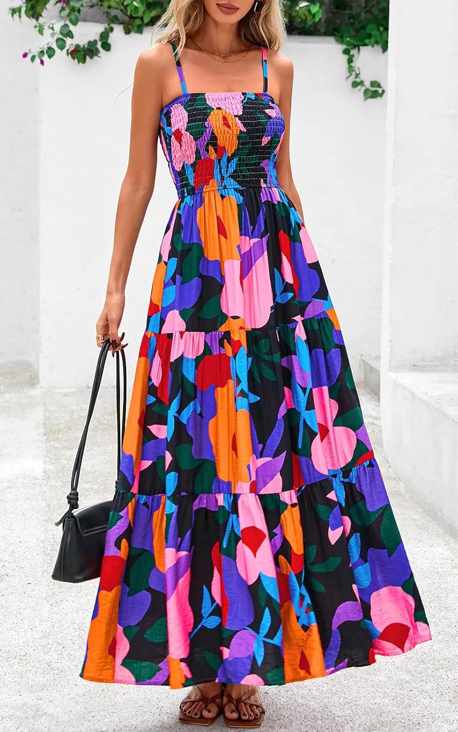 PRETTYGARDEN Women's Summer Maxi Dress 2025 Casual Boho Sleeveless Spaghetti Strap Smocked Tiered Long Beach Sundresses