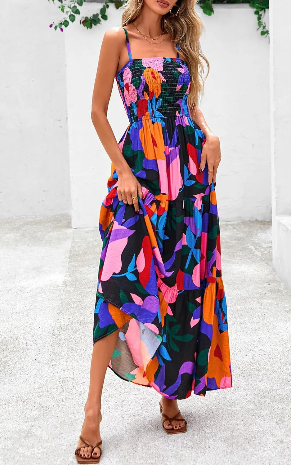 PRETTYGARDEN Women's Summer Maxi Dress 2025 Casual Boho Sleeveless Spaghetti Strap Smocked Tiered Long Beach Sundresses