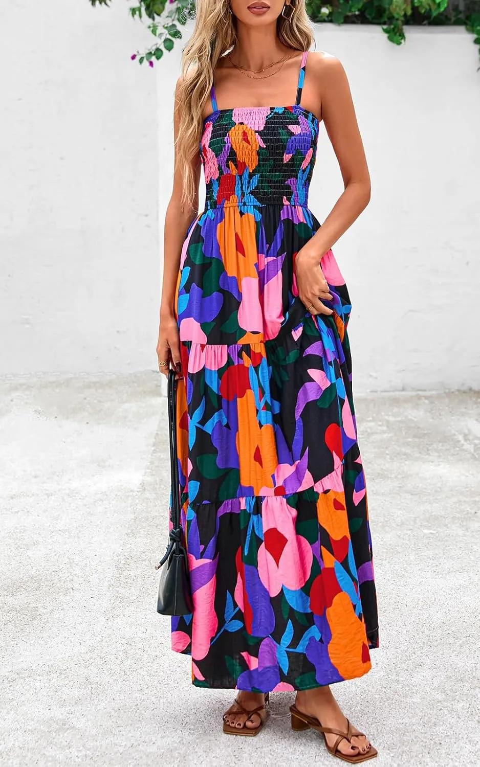 PRETTYGARDEN Women's Summer Maxi Dress 2025 Casual Boho Sleeveless Spaghetti Strap Smocked Tiered Long Beach Sundresses