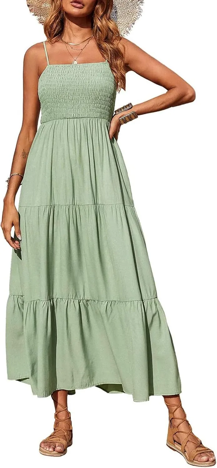PRETTYGARDEN Women's Summer Maxi Dress 2025 Casual Boho Sleeveless Spaghetti Strap Smocked Tiered Long Beach Sundresses