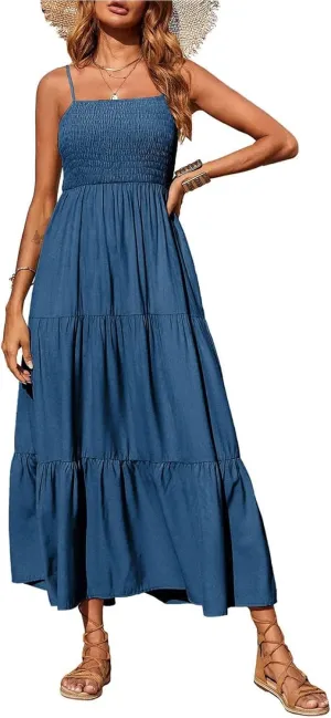 PRETTYGARDEN Women's Summer Maxi Dress 2025 Casual Boho Sleeveless Spaghetti Strap Smocked Tiered Long Beach Sundresses