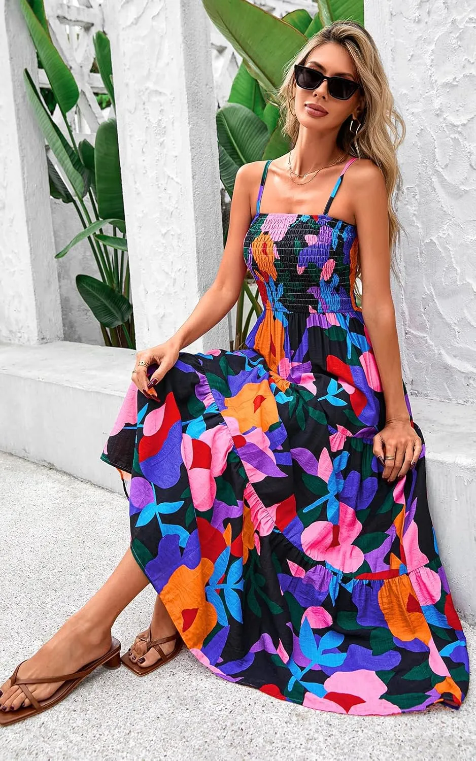 PRETTYGARDEN Women's Summer Maxi Dress 2025 Casual Boho Sleeveless Spaghetti Strap Smocked Tiered Long Beach Sundresses