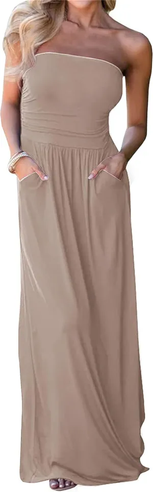 PRIMODA Womens Strapless Tube Top Maxi Dress Floral Boho Beach Dress with Pockets