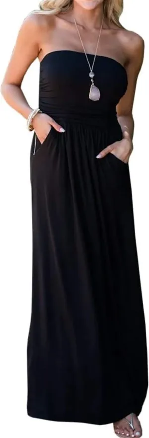 PRIMODA Womens Strapless Tube Top Maxi Dress Floral Boho Beach Dress with Pockets