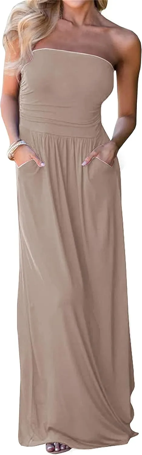 PRIMODA Womens Strapless Tube Top Maxi Dress Floral Boho Beach Dress with Pockets