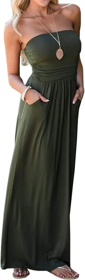PRIMODA Womens Strapless Tube Top Maxi Dress Floral Boho Beach Dress with Pockets
