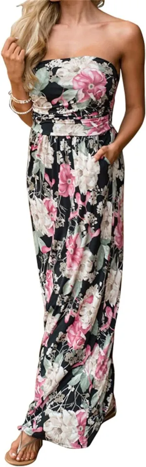 PRIMODA Womens Strapless Tube Top Maxi Dress Floral Boho Beach Dress with Pockets