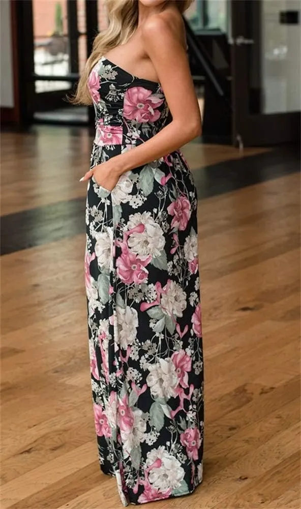 PRIMODA Womens Strapless Tube Top Maxi Dress Floral Boho Beach Dress with Pockets