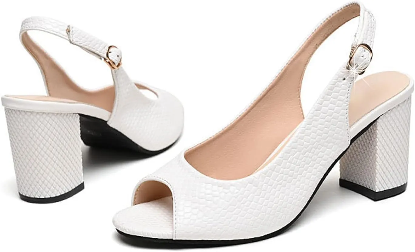 PURCHAWEE Women Peep Toe Dressy Shoes Slingback Pumps,Comfort Adjustable Ankle Strap Low Heel Sandals Chunky Heel Pumps Dressy Party Wedding Shoes