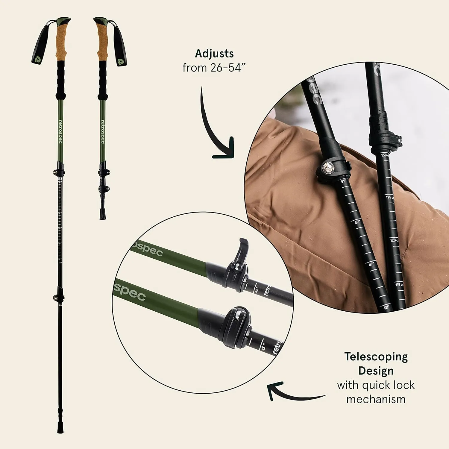 Retrospec Solstice Hiking Poles for Men & Women - Adjustable and Collapsible Lightweight Walking & Trekking Sticks - Aluminum w/Cork or Foam Grip
