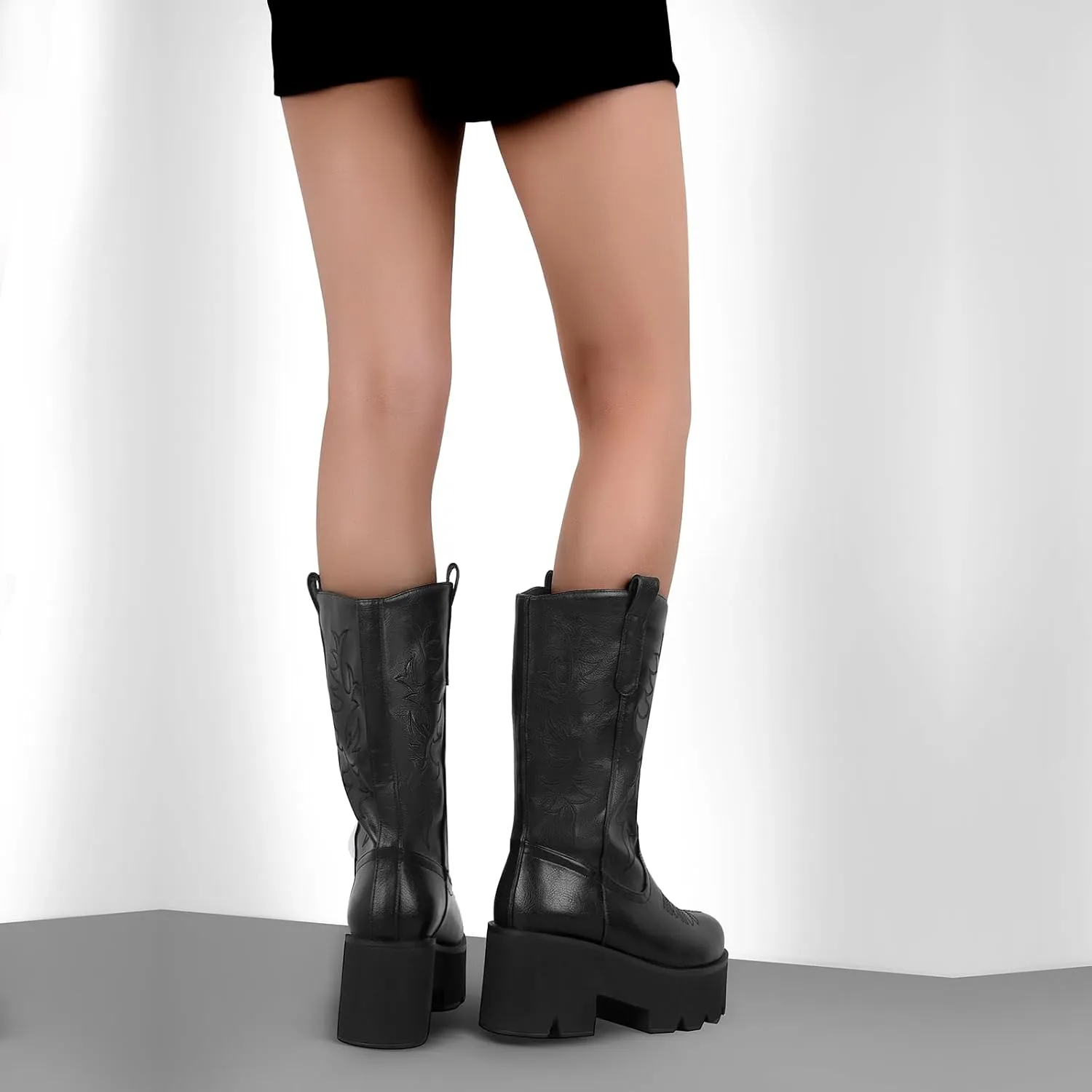 richealnini Mid Calf Boots for Women Embroidered Pull-On Knee High Booties